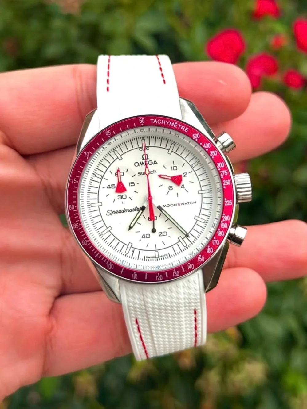 Omega Mission to Mars Metal Case Swap on red/white rubber strap
